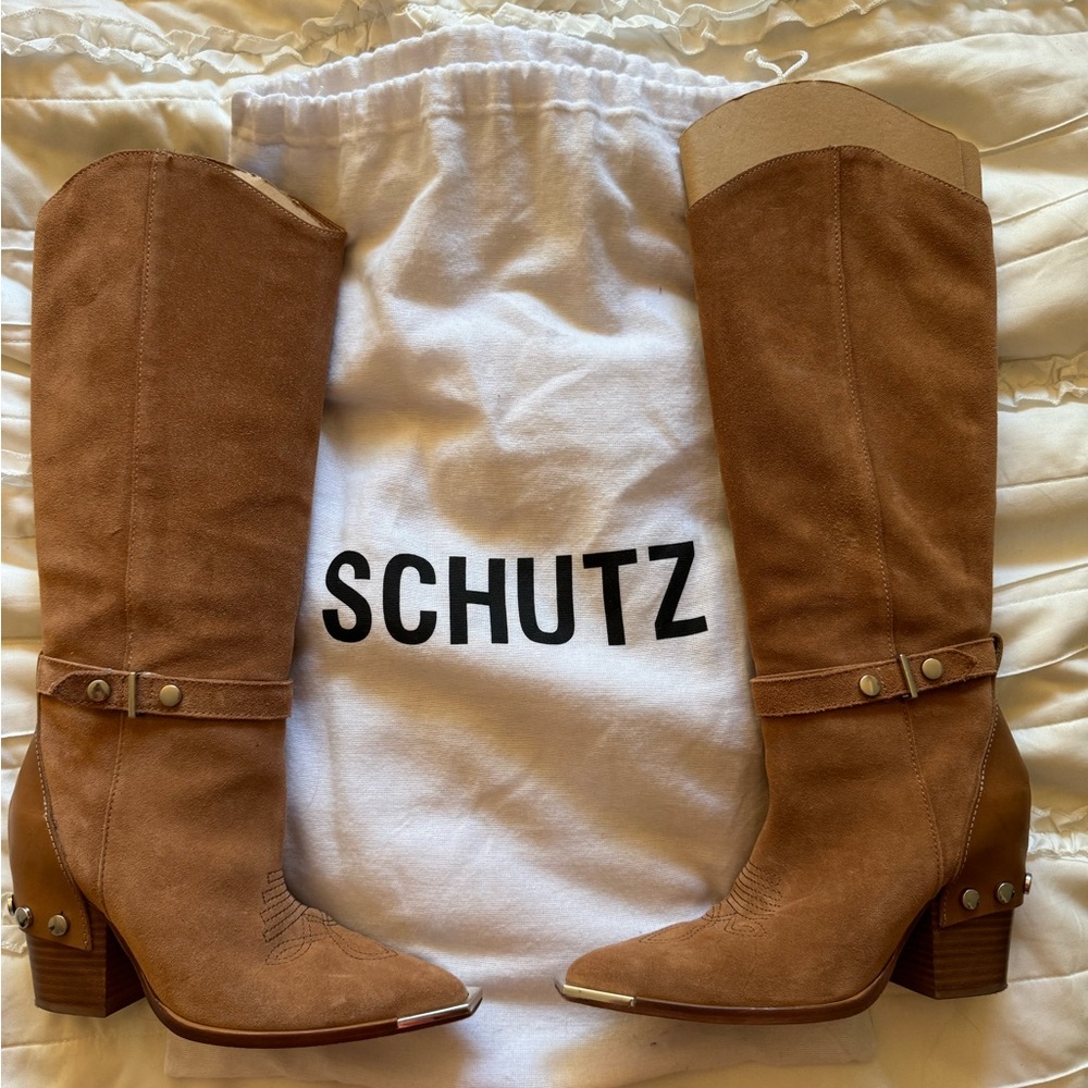 Schutz Cowboy suede, metal square toe heels.